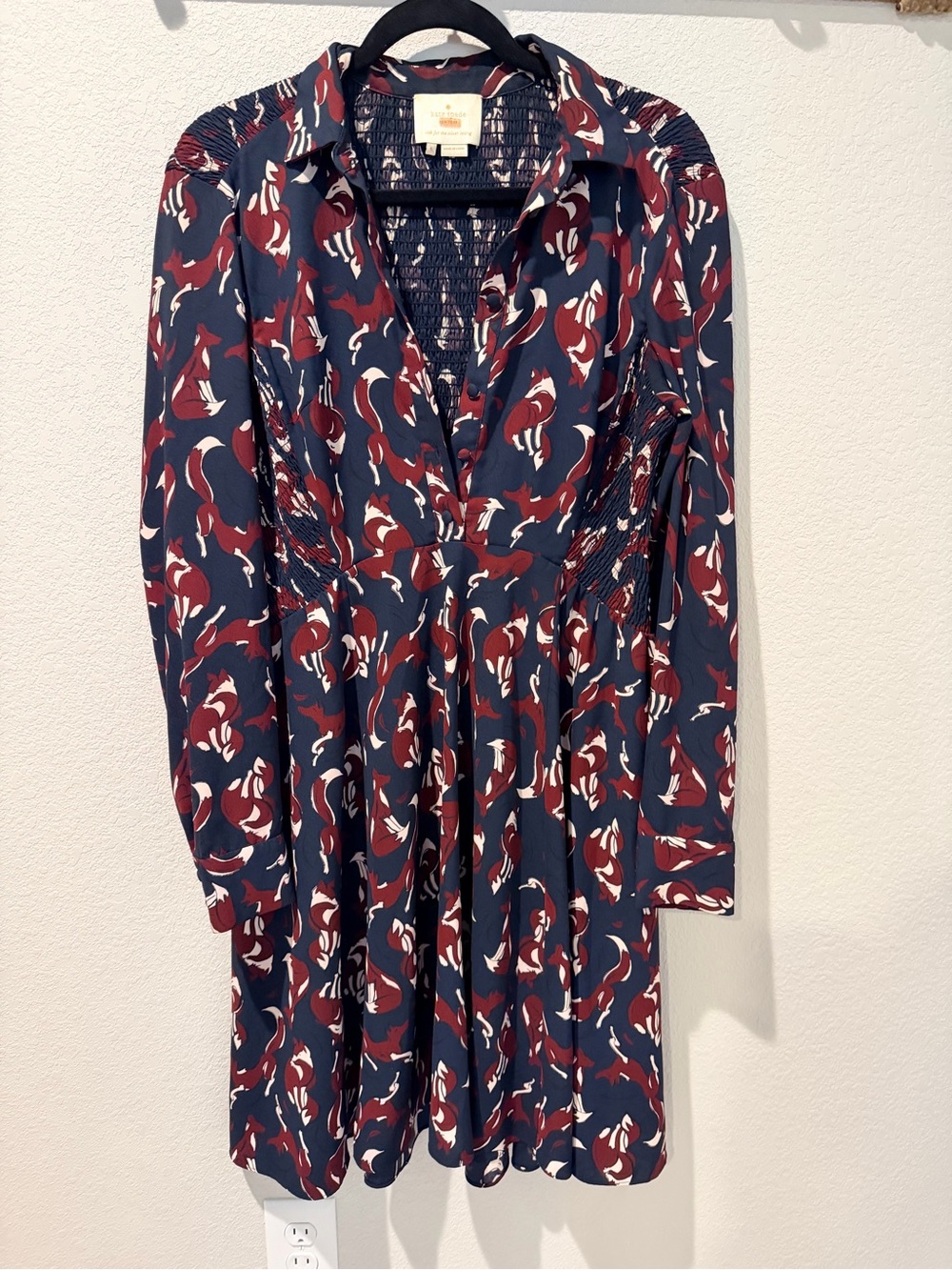 Kate Spade So Foxy Fox Print Smocked Dress Voyage Blue Size 6